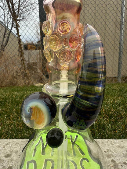 Brando Glass Flower Beaker - 18" Fumed Neck Line Worked Horn 14mm 45° showcasing unique design and vibrant colors.