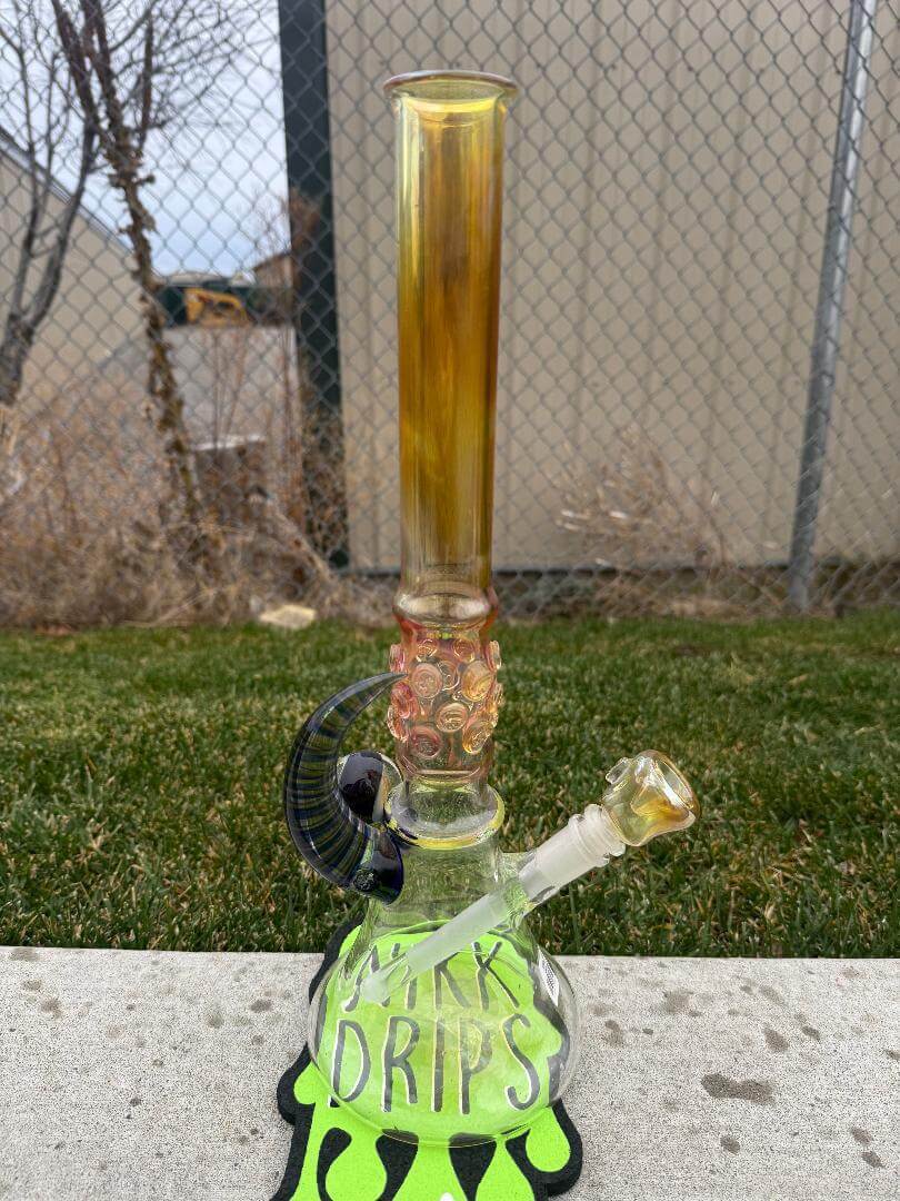 Brando Glass Flower Beaker - 18" Fumed Neck Line Worked Horn 14mm 45° with colorful design.