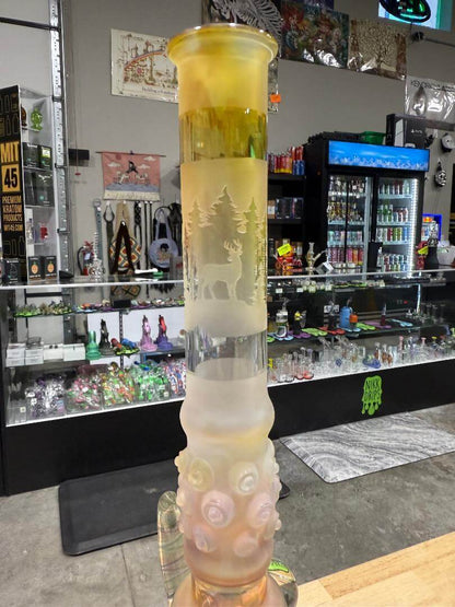 Brando Glass Flower Beaker - Sandblasted & Fumed Elk Forest Scene 14mm 45° showcasing intricate elk forest scene design.