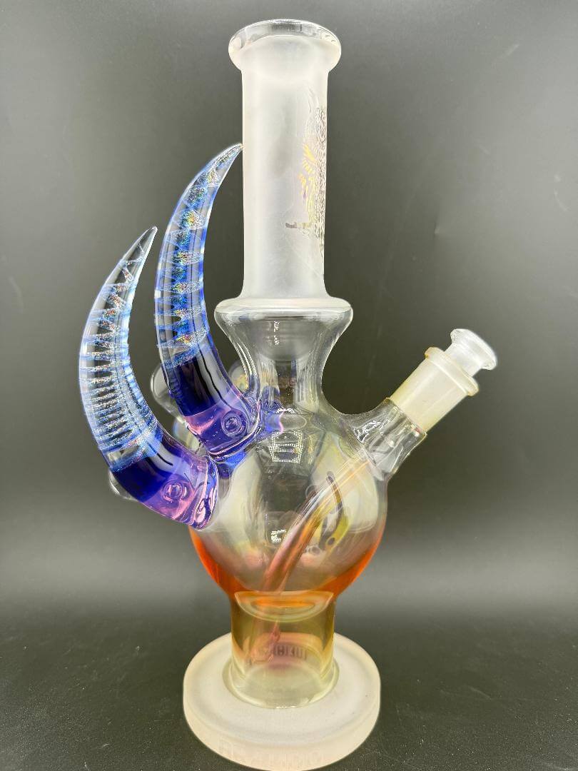 Brando Glass Fumed Dichro Owl Ball Rig w/ Dischro Horns & Marble Attachments 10mm 45° showcasing intricate glass design