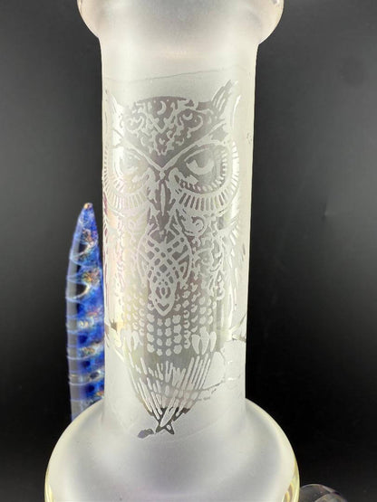 Brando Glass Fumed Dichro Owl Ball Rig w/ Dischro Horns & Marble Attachments 10mm 45° showcasing etched owl design and colorful attachments.