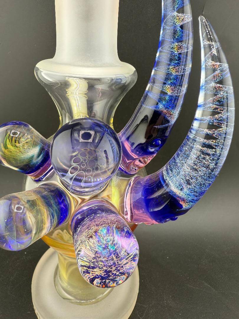 Brando Glass Fumed Dichro Owl Ball Rig w/ Dischro Horns & Marble Attachments  10mm 45° showcasing unique glass artistry.