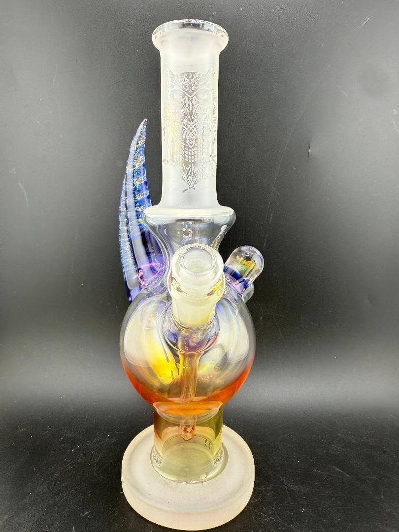 Brando Glass Fumed Dichro Owl Ball Rig w/ Dischro Horns & Marble Attachments 10mm 45° with vibrant colors and intricate detailing.