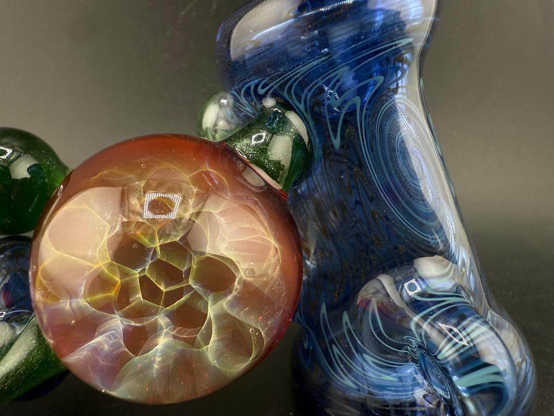 Brando Glass Hammer Pipe - Blue Space Tech w/ Honeycomb Pendant & Horn Attachment close-up, showcasing intricate designs.