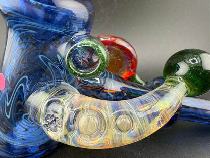Brando Glass Hammer Pipe - Blue Space Tech w/ Honeycomb Pendant & Horn Attachment showcasing colorful details.