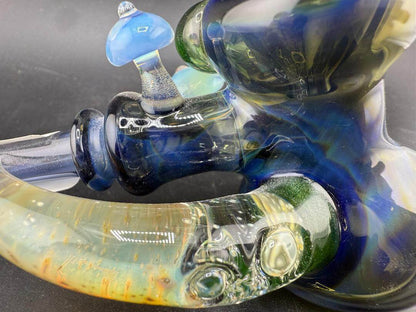 Brando Glass Hammer Pipe - Deppes Darkness w/ Mushroom and Fumed Horn Attachments showcasing detailed glasswork and vibrant colors.