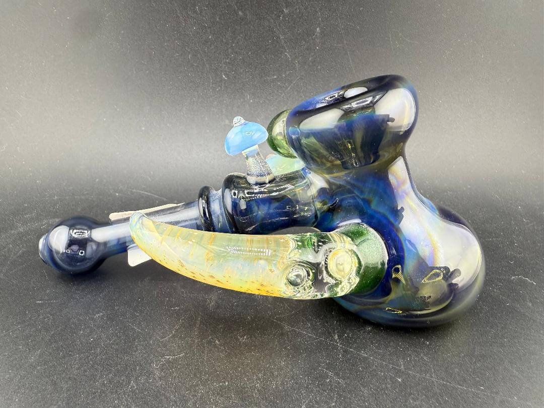 Brando Glass Hammer Pipe - Deppes Darkness w/ Mushroom and Fumed Horn Attachments, showcasing striking blue glass with unique accents.