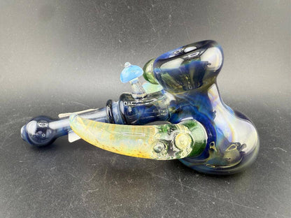 Brando Glass Hammer Pipe - Deppes Darkness w/ Mushroom and Fumed Horn Attachments, showcasing striking blue glass with unique accents.