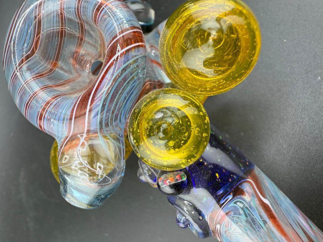 Brando Glass Hammer Pipe - Light Blue Red Linework w/ Yellow Mushroom & Grateful Dead Millie Attachments