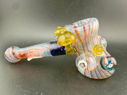Brando Glass Hammer Pipe - Light Blue Red Linework w/ Yellow Mushroom & Grateful Dead Millie Attachments