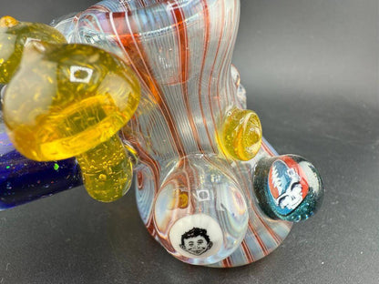 Brando Glass Hammer Pipe - Light Blue Red Linework w/ Yellow Mushroom & Grateful Dead Millie Attachments close-up.