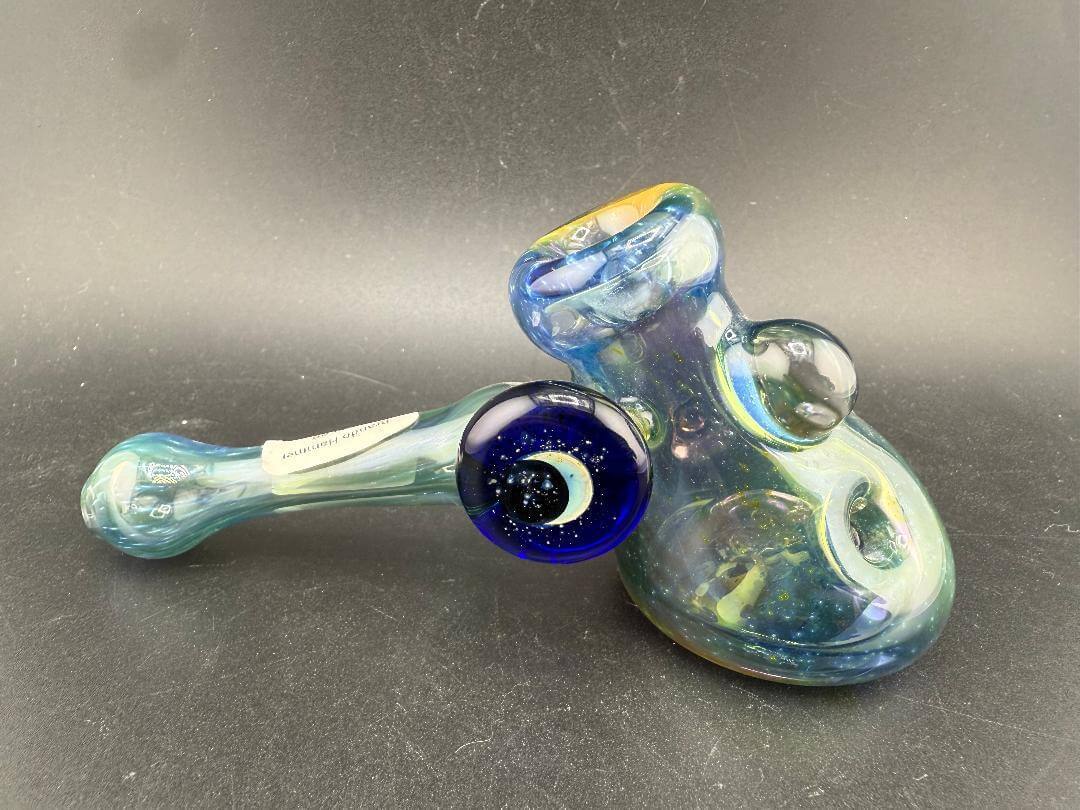 Brando Glass Hammer Pipe - Space Fume Tech w/ Cobalt Moon Pendant Attachment features a unique design and vibrant colors.