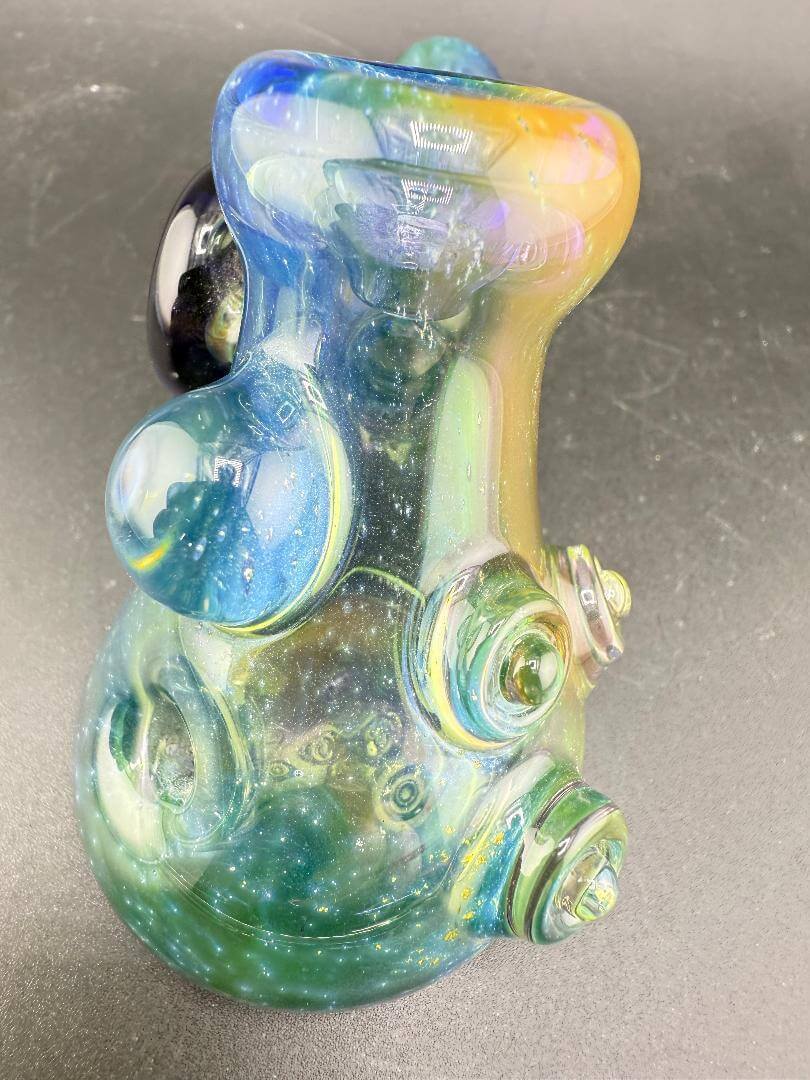 Brando Glass Hammer Pipe - Space Fume Tech w/ Cobalt Moon Pendant Attachment showcasing intricate design and colors.