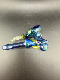 Brando Glass Hammer Pipe - Space Tech w/ Fumed Horns displayed from above on a dark surface.