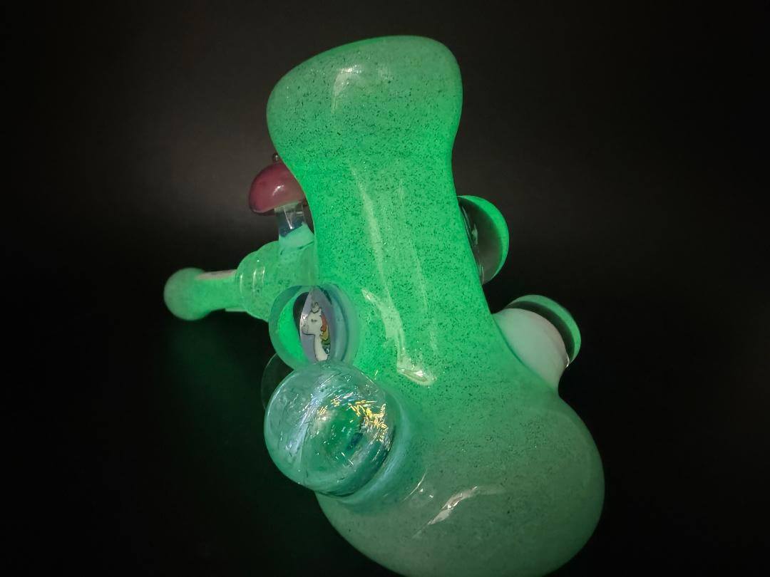 Brando Glass Hammer Pipe - Teal  Sparkle UV Glow w/ Pink Mushroom & Rainbow Bright Millies
