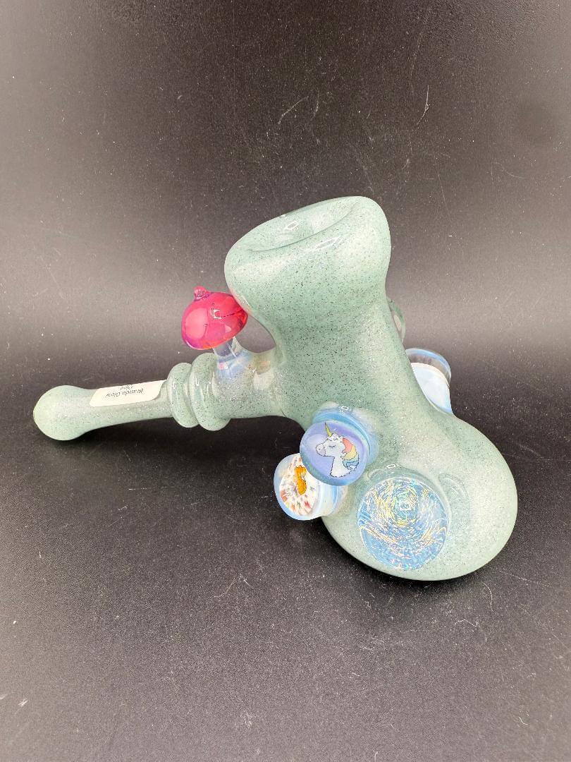 Brando Glass Hammer Pipe - Teal Sparkle UV Glow w/ Pink Mushroom & Rainbow Bright Millies