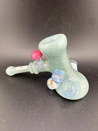 Brando Glass Hammer Pipe - Teal Sparkle UV Glow w/ Pink Mushroom & Rainbow Bright Millies