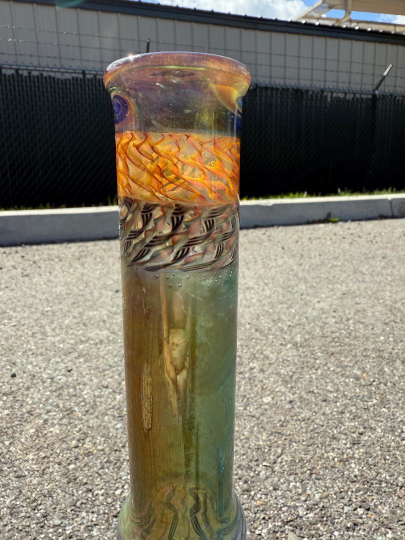 Brando Glass x Luke The Drifter 14mm beaker with intricate colorwork and line details, handcrafted in Spokane, WA.
