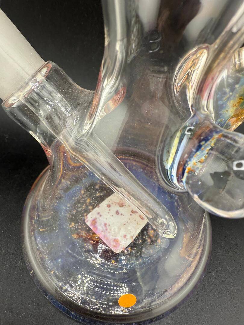 Brando Glass Mini Beaker - Fume Space Tech w/ Fumed Horn 10mm 45° showcasing intricate glass design and cosmic colors.