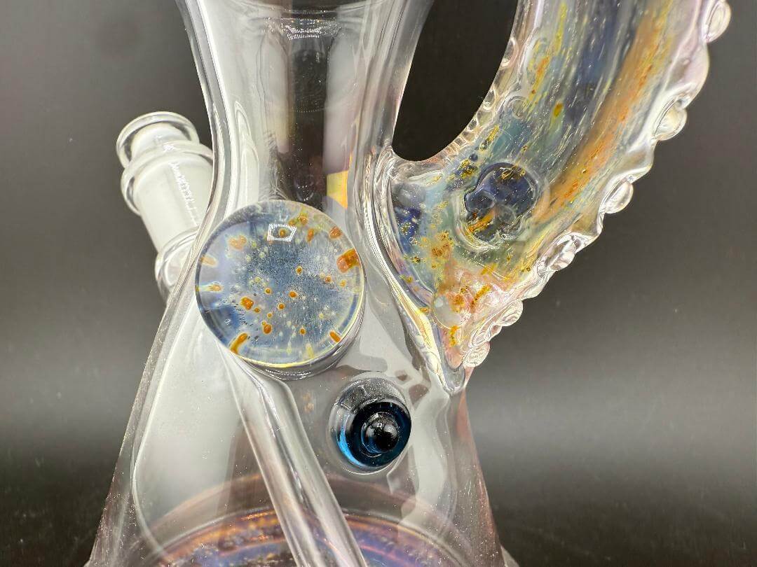 Brando Glass Mini Beaker - Fume Space Tech w/ Fumed Horn 10mm 45° showcasing beautiful fume artwork and craftsmanship.