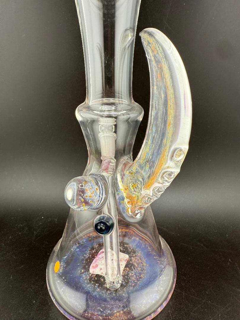 Brando Glass Mini Beaker - Fume Space Tech w/ Fumed Horn 10mm 45° with colorful fumed horn attachment.
