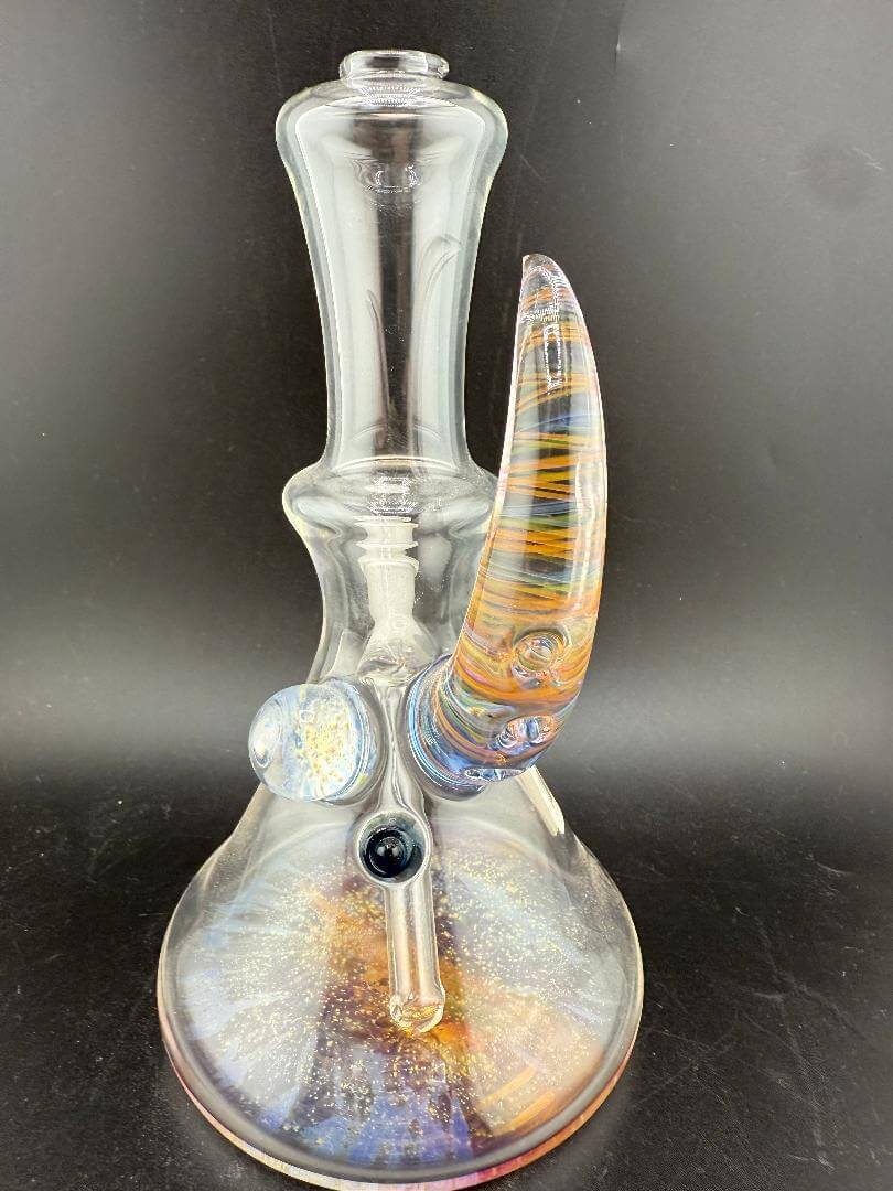 Brando Glass Mini Beaker - Fumed Horn & Fumed Space tech Accents 10mm 45° showcasing intricate designs and colors.