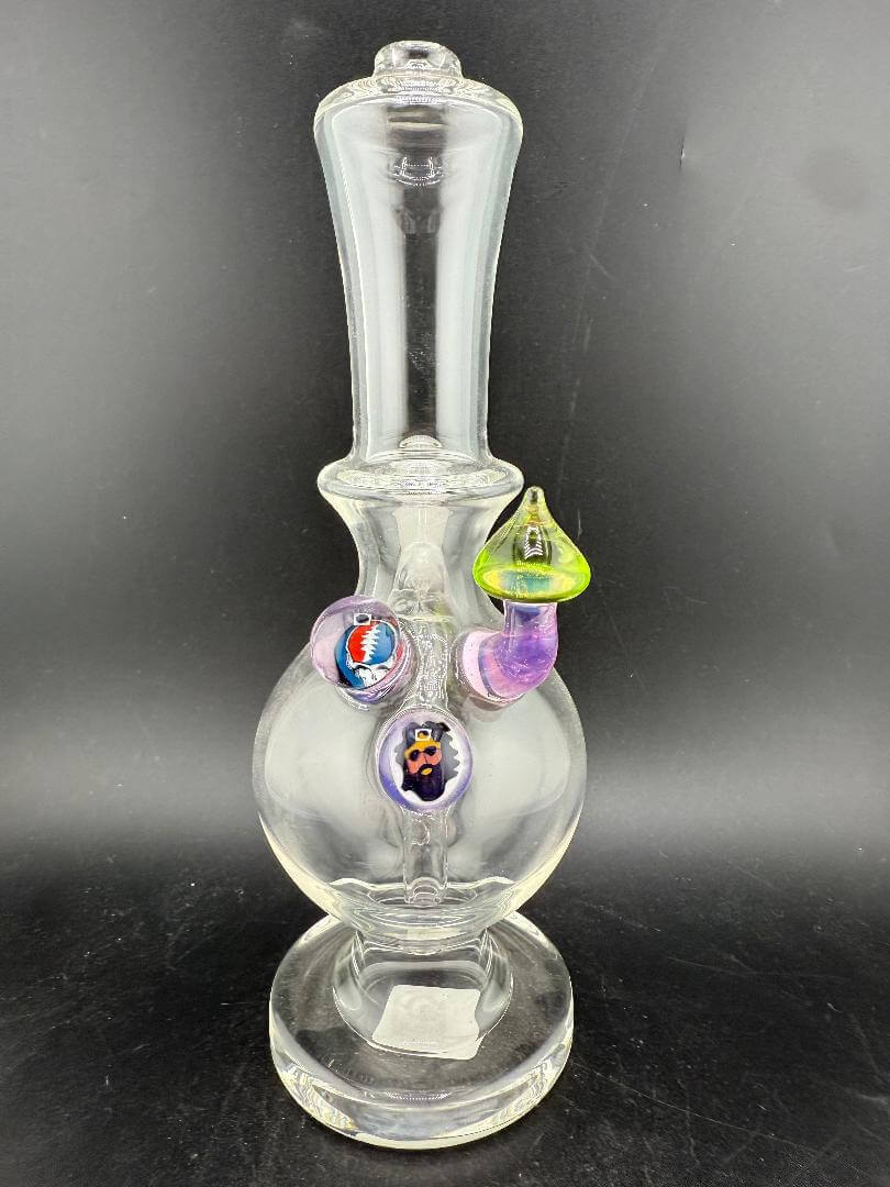 Brando Glass Mini Beaker - Green & Pink Mushroom w/ Grateful dead Millies 10mm 45° with colorful millies and unique design.