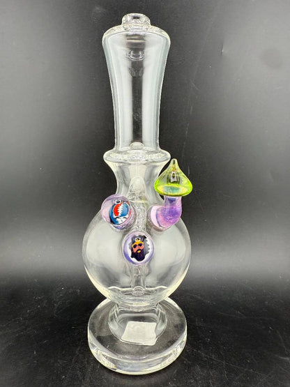 Brando Glass Mini Beaker - Green & Pink Mushroom w/ Grateful dead Millies 10mm 45° with colorful millies and unique design.
