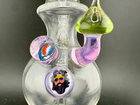 Brando Glass Mini Beaker - Green & Pink Mushroom w/ Grateful dead Millies 10mm 45° featuring unique designs and craftsmanship.