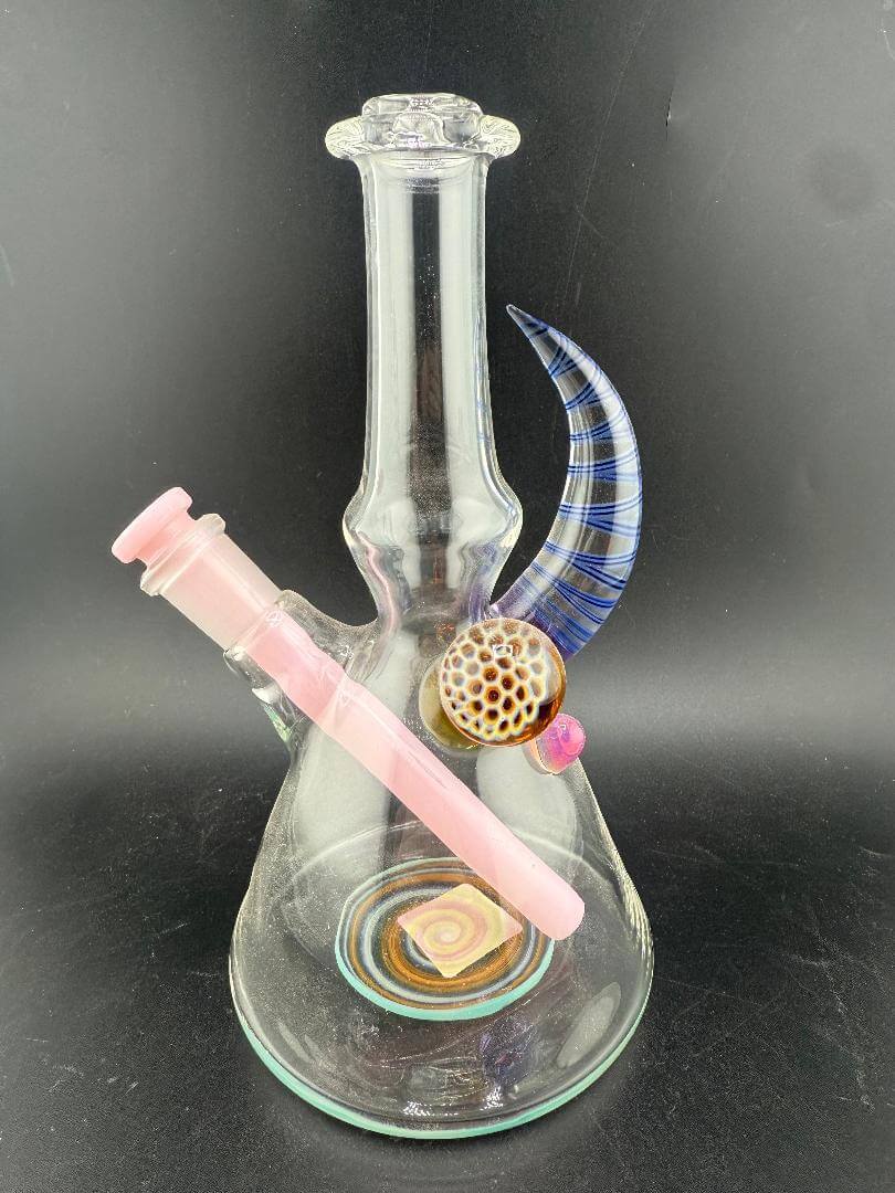 Brando Glass Mini Beaker - Line Worked Horn & Honeycomb Millie w/ Pink Downstem 10mm 45°