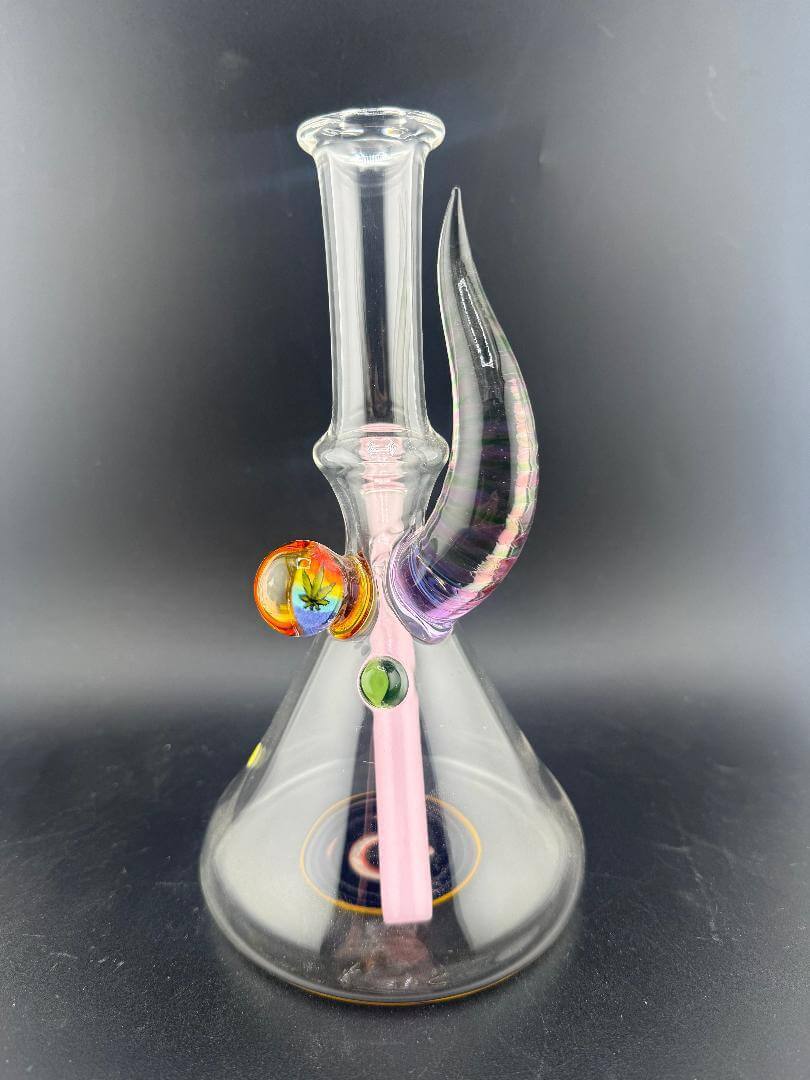 Brando Glass Mini Beaker - Line Worked Horn & Rainbow Hemp Leaf Millie w/ Pink Downstem 10mm 45° with colorful design.