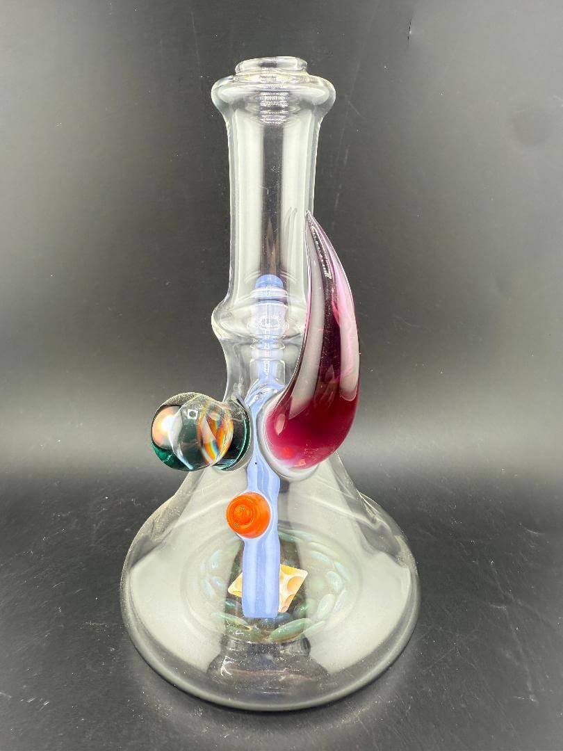 Brando Glass Mini beaker - Purple Horn & Rainbow Filla Millie w/ Teal Downstem 10mm 45° featuring colorful design elements.
