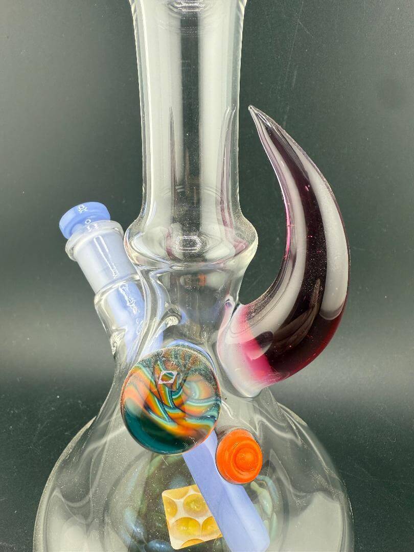 Brando Glass Mini beaker - Purple Horn & Rainbow Filla Millie w/ Teal Downstem 10mm 45° showcasing vibrant colors and design.