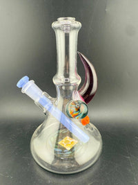 Brando Glass Mini beaker - Purple Horn & Rainbow Filla Millie w/ Teal Downstem 10mm 45° featuring vibrant colors and design.