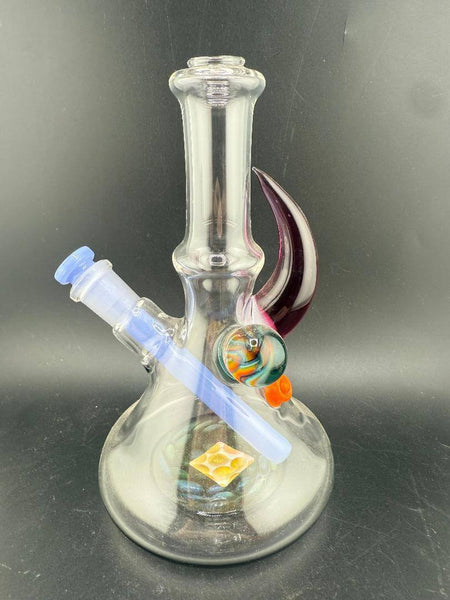 Brando Glass Mini beaker - Purple Horn & Rainbow Filla Millie w/ Teal Downstem 10mm 45° featuring vibrant colors and design.