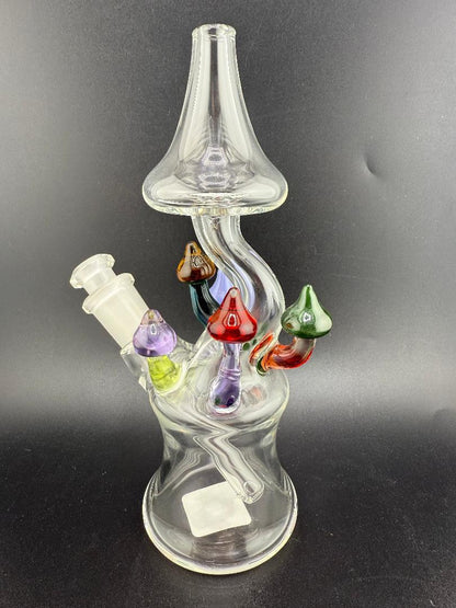 Brando Glass Mushroom Growth on Mushroom Rig – 10mm 45° Joint with colorful mushroom accents.