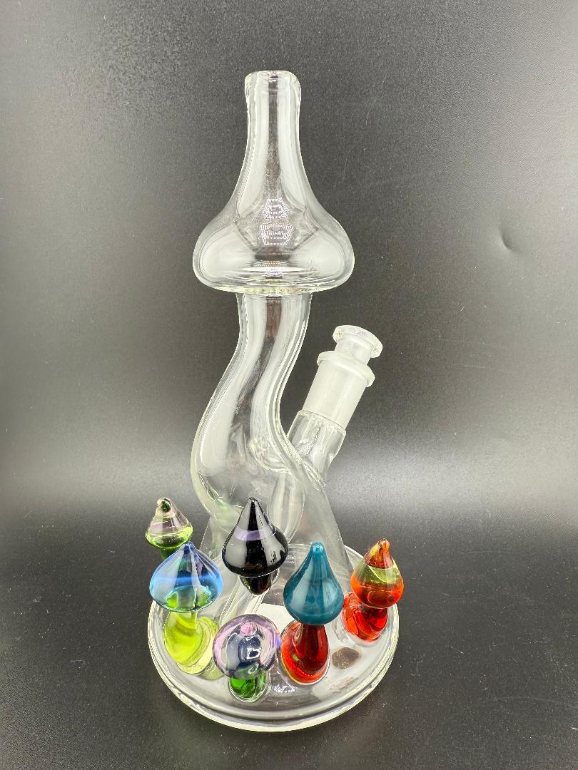 Brando Glass Mushroom Growth on Mushroom Rig 10mm 45° Joint - Colorful mushroom details on a glass rig.