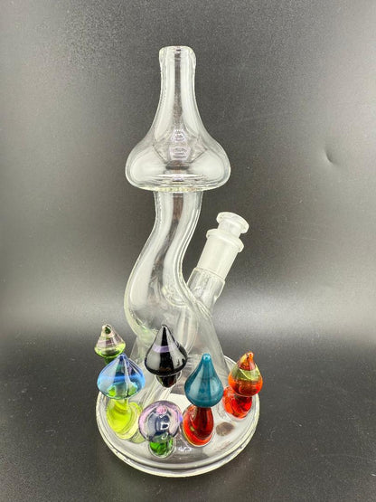 Brando Glass Mushroom Growth on Mushroom Rig 10mm 45° Joint - Colorful mushroom details on a glass rig.