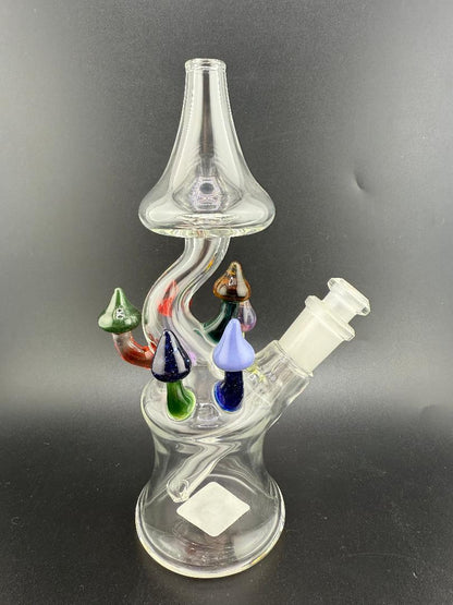 Brando Glass Mushroom Growth on Mushroom Rig – 10mm 45° Joint featuring vibrant mushroom shapes.