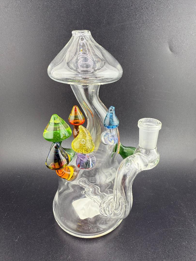 Brando Glass Mushroom Growth on Mushroom Rig 10mm 90° with colorful mushroom accents and clear body.
