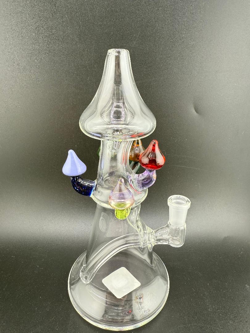Brando Glass Mushroom Growth on Mushroom Rig 10mm 90° with colorful mushroom accents handcrafted in glass.