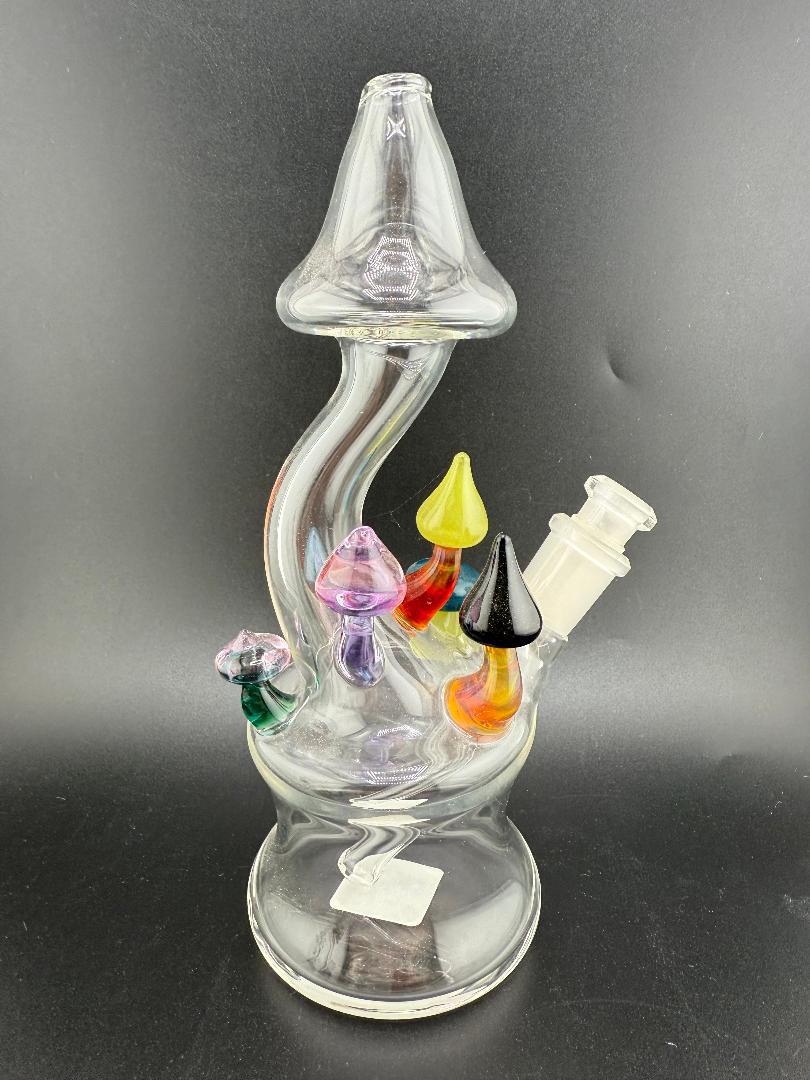 Brando Glass Mushroom Growth on Mushroom Rig 10mm 45° with colorful whimsical mushrooms and glass body.