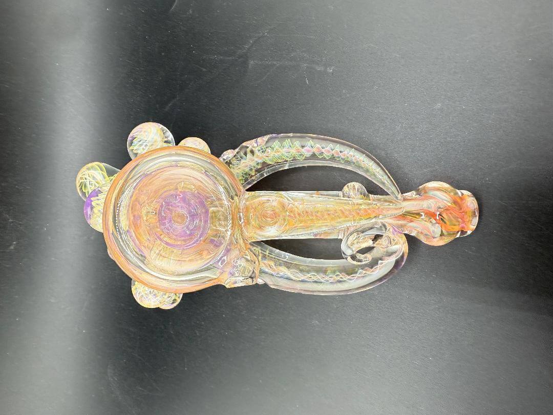 Brando Glass  X  Patchwork Glass Hammer Pipe -Full Gold Fumed Purple Glitter Liquid Filled w/ Fumed Horn & Marbles.