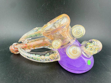 Brando Glass  X  Patchwork Glass Hammer Pipe -Full Gold Fumed Purple Glitter Liquid Filled w/ Fumed Horn & Marbles