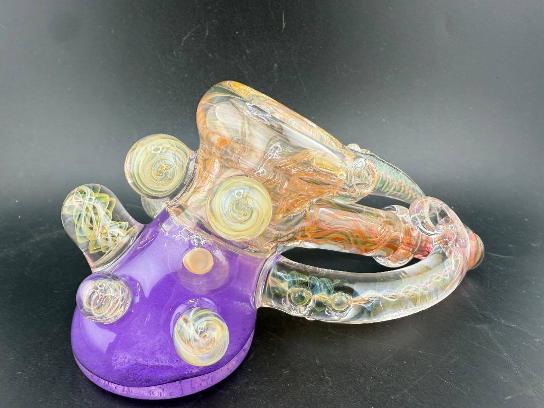 Brando Glass  X  Patchwork Glass Hammer Pipe -Full Gold Fumed Purple Glitter Liquid Filled w/ Fumed Horn & Marbles