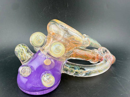 Brando Glass  X  Patchwork Glass Hammer Pipe -Full Gold Fumed Purple Glitter Liquid Filled w/ Fumed Horn & Marbles