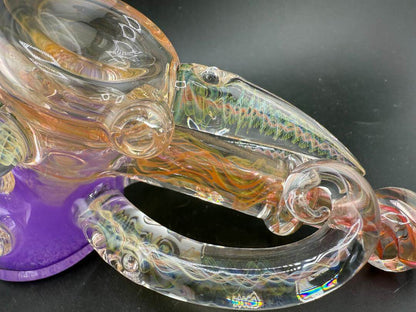 Brando Glass  X  Patchwork Glass Hammer Pipe -Full Gold Fumed Purple Glitter Liquid Filled w/ Fumed Horn & Marbles close-up of detail.