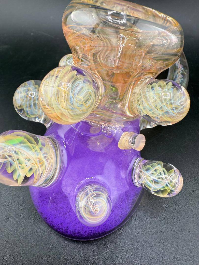 Brando Glass  X  Patchwork Glass Hammer Pipe -Full Gold Fumed Purple Glitter Liquid Filled w/ Fumed Horn & Marbles
