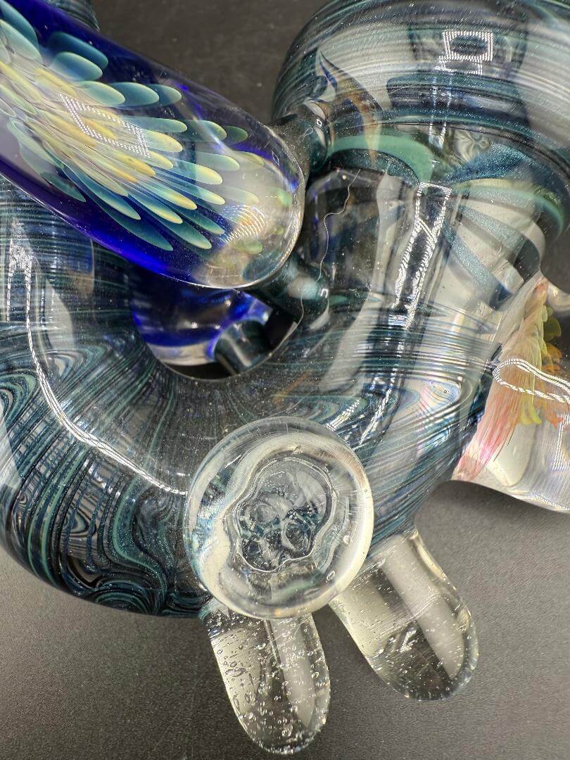 Brando Glass Sherlock Pipe - Blue & Teal UV Line Worked w Fumed Marbles with intricate designs and fumed marble attachments.