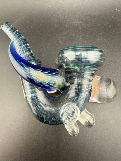 Brando Glass Sherlock Pipe - Blue & Teal UV Line Worked w Fumed Marbles, featuring unique blue and teal designs.